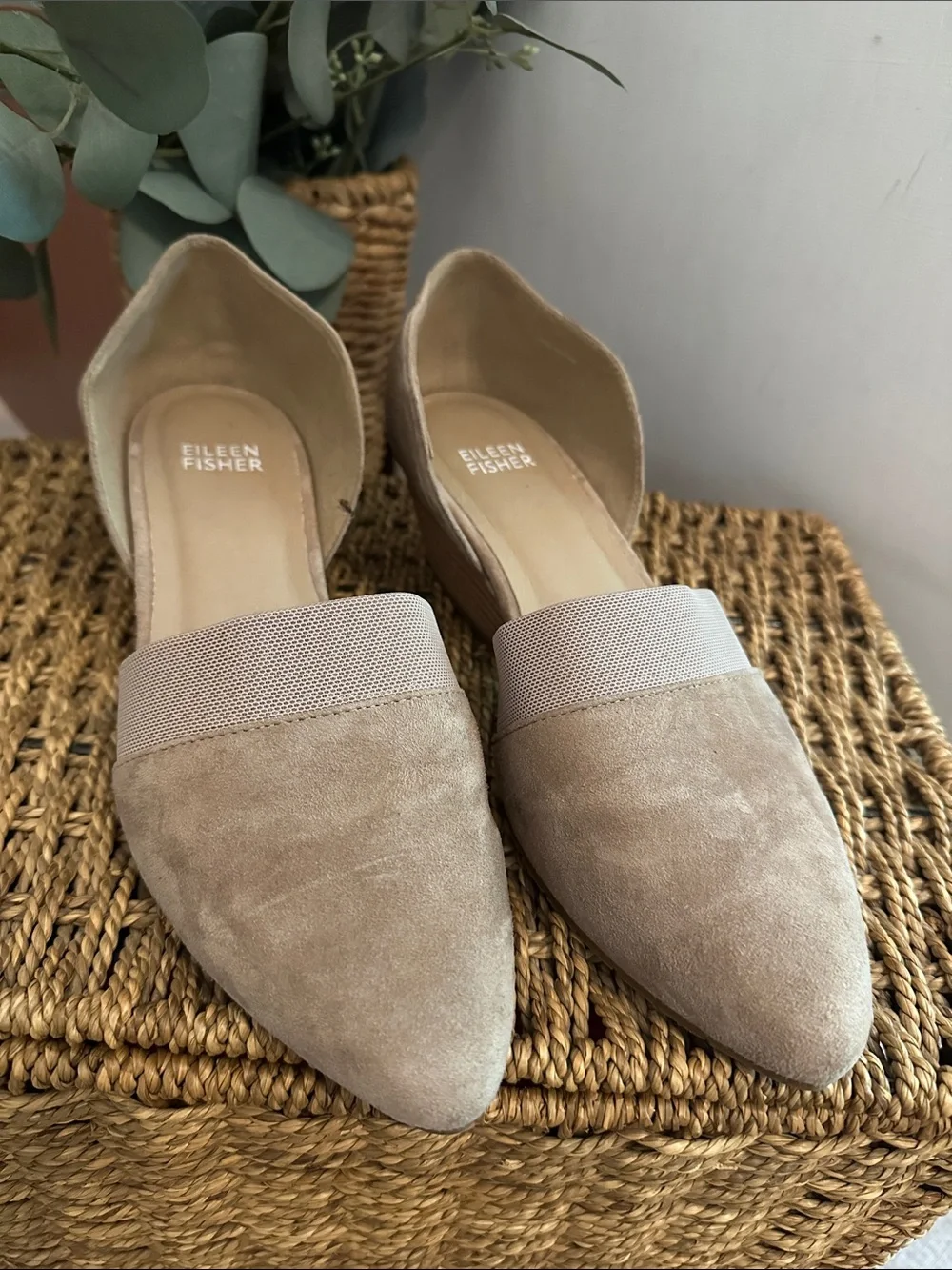 Eileen Fisher Hilly D’Orsay 7 tan suede mesh slip on 2” heel wedge shoes